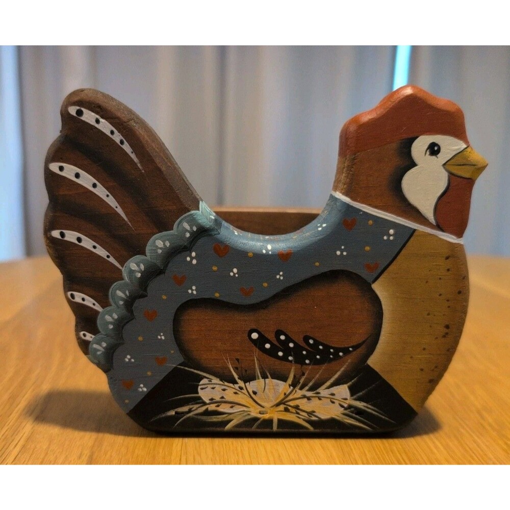 Vintage 80 Folk Art Chicken Napkin Mail Holder Hand Painted  Cottage Granny Core